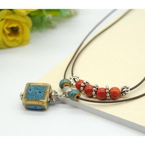 Vintage Square Ceramic Beads Pendant Necklaces Jewelry For Women Red Bead Strand Necklace Charm Choker Bohemian Accessories Gift