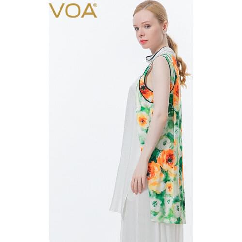 VOA Silk Jacquard Tops Graphic Tee Stand Collar Back Button Sleeveless Contrast Edge Side Slit Soft and Refreshing T-shirt BE637
