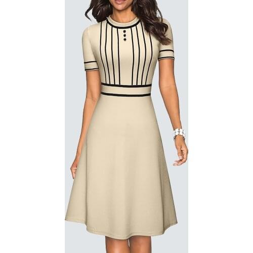 Women Classic O Neck Buttons Casual Fashion Charming Elegant Party Chic Line Patchwork A Line Dress HA245