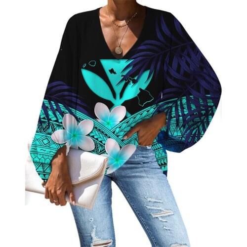 HYCOOL Polynesian Hibiscus Design Royal Blue Chiffon Elegant Blouse Fall Long Sleeve Plus Size Women Clothing Sexy V Neck Tops
