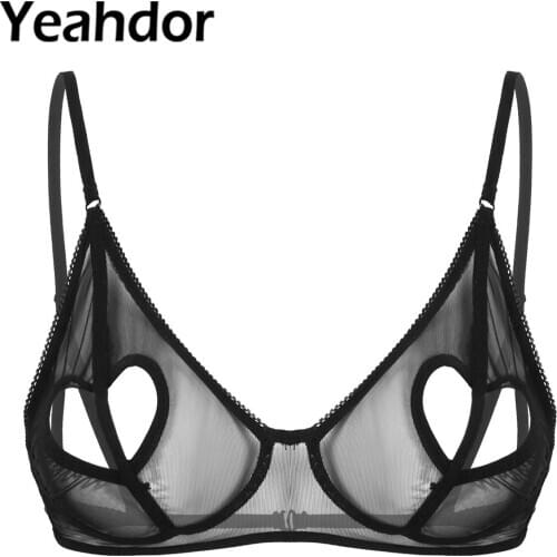 Womens Sexy See Through Sheer Mesh Lingerie Bras Adjustable Spaghetti Shoulder Strap Heart Shape Hole Wire-free Unlined Bra Top