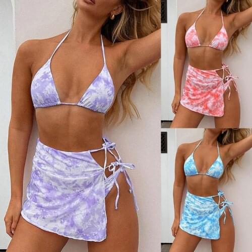 Women Sexy Tie-Dye 3pcs Bikini Set Halter Triangle Swimsuit with Sarong Skirt L43E
