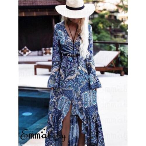 Women Sexy Boho Floral Dress Loose Long Sleeve Maxi Summer Dress Holiday Kaftan Long Beach Deep V-Neck Dresses