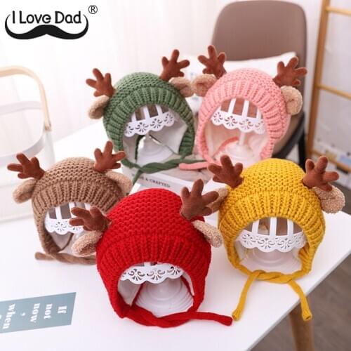 Winter Knitted Warm Baby Hat Cute Cartoon Antlers Infant Boy Girl Cap Ear Protection Hats Kids Children Beanie Caps bonnet