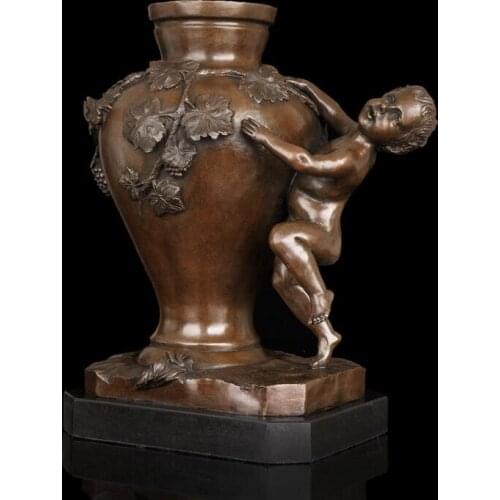 31 CM Western Art Deco Bronze Statue Marble Children Boy grape vine Sculpture Vase Pots