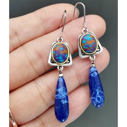 Bohemian Long Teardrop Navy Blue Stone Dangle Earrings Colorful Pattern Turquoises Jewelry Vintage Hook Earrings for Women 2021