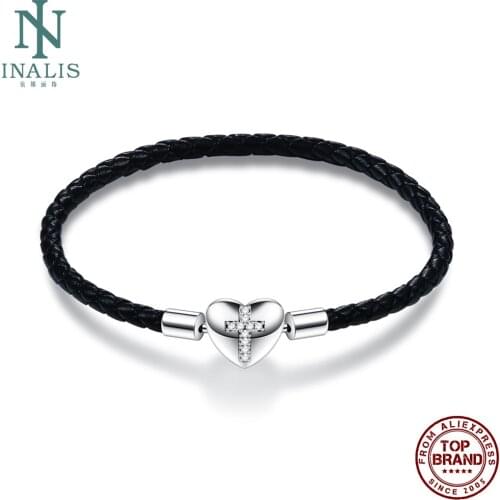 INALIS S925 Sterling Silver Bracelet Bangle For Women Black Leather Cord Bangles Cross Heart Pendant Hot Selling Fine Jewelry