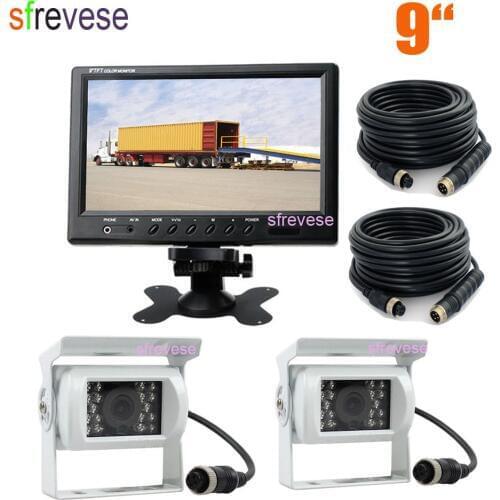 2x White 18 LED IR Night Vision 4Pin Car Parking Backup Reversing Camera + 9" LCD Monitor Rear View Kit for Truck Long Bus