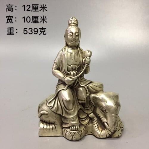 China white copper silver finely Foo Dogs Wenshu Ride elephant Cupronickel Puxian Kwan-yin Bodhisattva Statue