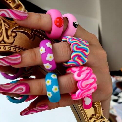 Ins New Candy Color Rainbow Handmade Ceramic Clay Ring for Women Girls Cute Flower Smile Round Rings Y2K Jewelry Aesthetic Gifts