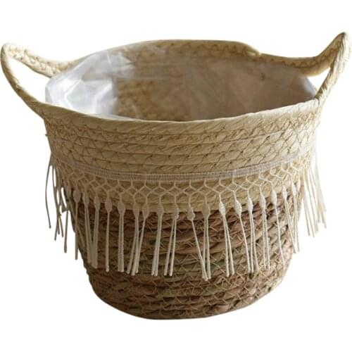 Rattan Laundry Basket Garden Decor Storage Box Flower Pot Round Shape Manual Straw 1PC Handmade With Tassel Outdoor Planters