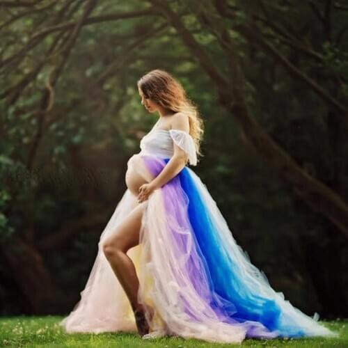 Pretty Rainbow Tulle Skirt Women To Maternity Phootshoot A-line Long Tulle Skirt High Side Split Custom Made Baby Shower Skirt