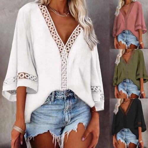 Summer womens solid color loose 4-color hollow lace V-neck three-quarter sleeve loose shirt stitching outdoor top