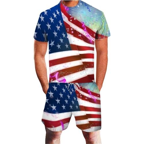 64# Fashion Mens Sets Summer American Flag 3d Short Sleeve Tshirt & Shorts Independence Day Jogging Sports Suit Ropa De Hombre