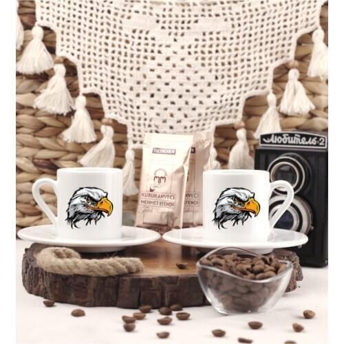 Set of 2 coffee cups white with ceramic eagle figure