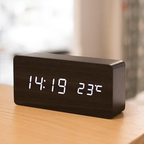 Wood Square Table Clock Alarm Desktop Digital LED USB/AAA Power Snooze Electronic Voice Control Table Watch Desk Clocks Bedside