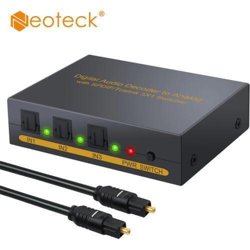 Neoteck Digital to Analog Decoder Optical SPDIF Toslink to RCA 3.5mm With Optical Switcher Support DTS AC3 LPCM RAW PCM