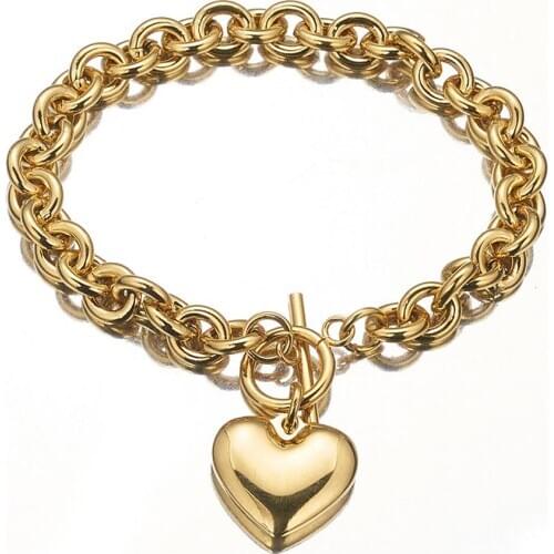 Wholesale Or Retail Charming 316L Stainless Steel Silver Color/Gold Rolo Oval Link Chain With Solid Heart Mens/Womens Bracelet