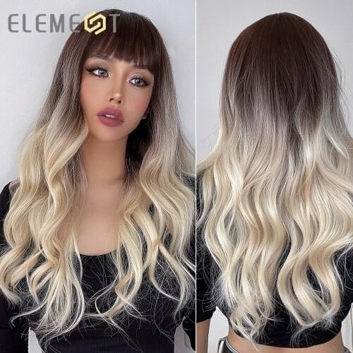 Element Long Body Wave Ombre Brown Blonde Synthetic Wigs with Bangs for Women Cosplay Daily Natural Heat Resistant