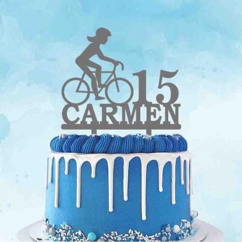 Personalized Cycling Silhouettes Cake Topper Custom Name Age Woman Riding Bicycle For Cycling Fans Birthday Party Cake Decoratio