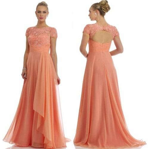 2021 Spring Mother Of The Bride Dresses Collection Beads Crew Short Sleeve Floor Length Backless High Quality Evening Dress