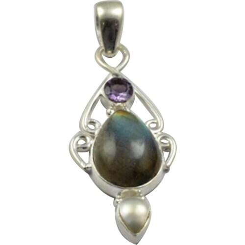 Lovegem Nature Labradorite & Pearl Pendant 925 Sterling Silver, 50.6 mm, MHBAP5023