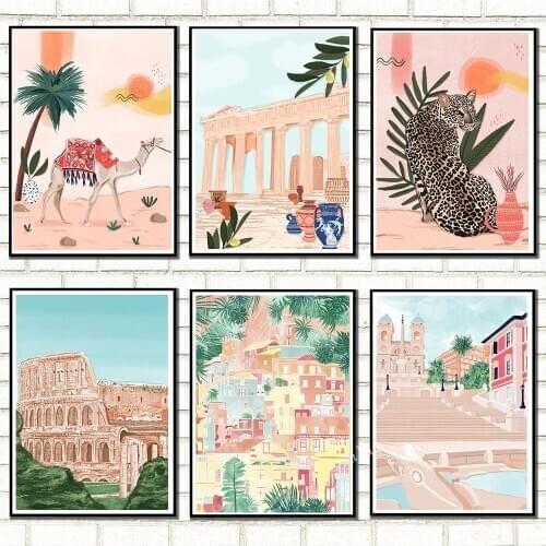 Nordic Leopard Jungle Camel Animal Poster Amalfi Coast Rome Desert Landscape Art Canvas Painting Wall Pictures Kids Home Decor