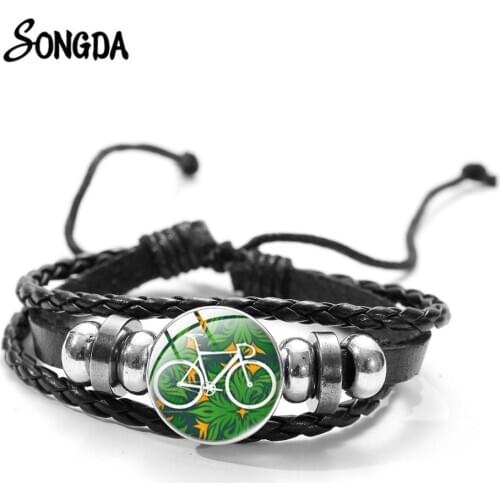Simple Bicycle Glass Snap Leather Bracelet Adjustable Handmade Braided Rope Wrap Bracelets Bangles for Women Men Travel Jewelry
