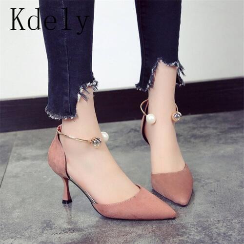 Elegant Pearl Metal Buckle Show Thin Womens Sandals Solid Patent Leather Pointed Toe Fashion Brand High Heels Shoes Women