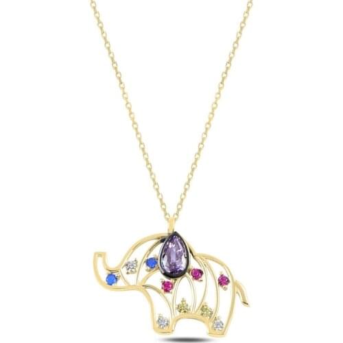 Silver 925 Sterling Elephant Colorful Zircon Stone Necklace