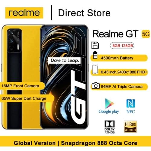 Global Version Realme GT 5G Android 11 Smart Phones NFC 6.43" Snapdragon 888 Octa Core 64MP Rear Camera 4500mAh Mobile Phones