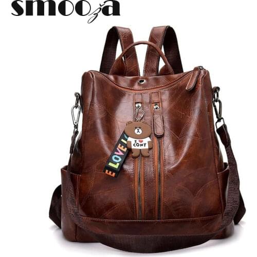 SMOOZA Big Leather Women Backpacks New Arrivel Vintage Female Shoulder Bag High Quality Travel Rucksack School Bag For Girls
