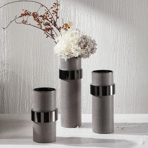 Modern Gray Woven Leather Flower Model House Sales Office Ring Stainless Steel Counter Flower Home Decoration Ornaments