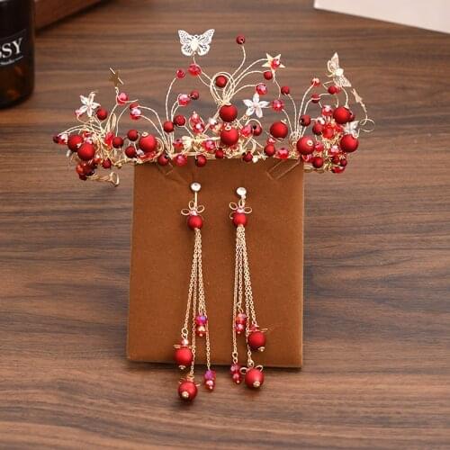 Vintage Gold Crowns Red Pearls Butterfly Crystal Diadems Earrings Sets Flower Queen Pricess Headbands Handmade Hair Accessories