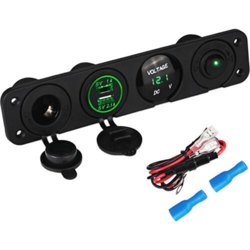 Waterproof 12V Cigarette Lighter Socket +12V DC Charger Socket + Digital Voltmeter， Green Light