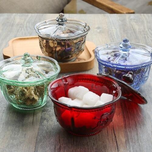 Embossed Lead-free Glass Sugar Tank Mediterranean Covered Storage Tank Flower Tea Tank Afternoon Tea Colored Square Sugar Tank