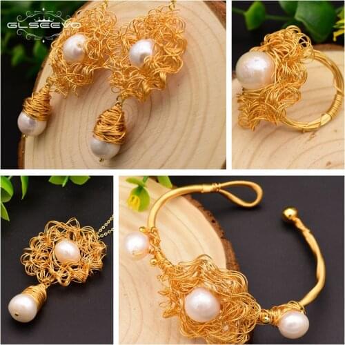 XlentAg Natural Fresh Water Pearl Necklace Bangle Ring Earrings Set For Women Wedding Party Gift Handmade Jewelry Sets GS0003