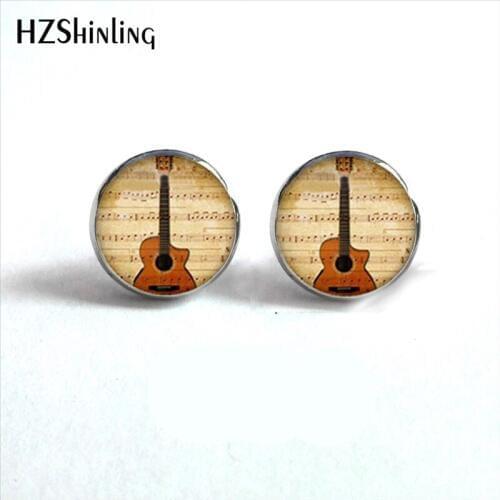 NES-0064 Guitar Earrings Music Stud Earrings Musical Instrument Ear Nail Glass Dome Earrings For Women HZ4