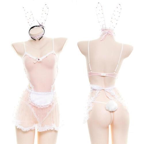 Lace Women Bunny Maid Cosplay Costume Sexy Erotic Lingerie Outfit Fancy Rabbit Girl Japanese Lace Fairy Star Print Babydoll