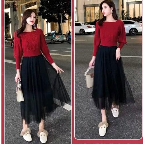 Autumn Women Square Collar Long Sleeve Loose Knitted Sweater + Elastic Waist Gauze Skirt Sets Ladies Casual 2 Pieces Suits H86