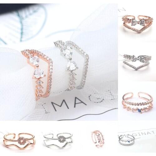 Fashion Design Leaf Flower Cubic Zirconia Ring For Women Girls Adjustable Crystal Geometric Finger Jewelry Party Gifts