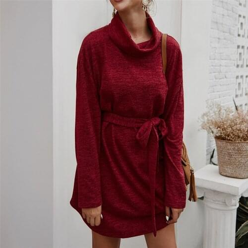 Womens autumn basic loose casual knee length dresses turtle neck long sleeved dress with sashes solid winter inner dresses lady