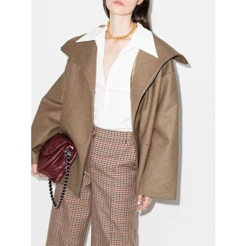 Womens Wool Blend Coat With Large Lapels Ladies Zipper jacket Short Tops 2021 Autumn Winter New Outwear