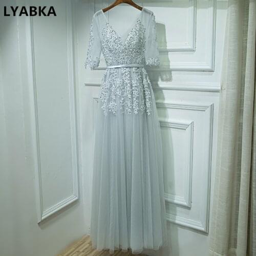 Robe De Soiree O-neck Evening Dress High Quality Evening Dresses Long Sleeve Navy Blue Tulle With Appliques Evening Dresses 2019