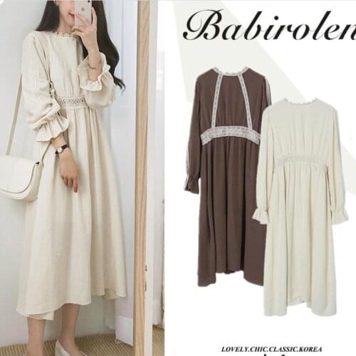 2021 spring vintage lace o-neck dress women high waist preppy style a-line dress