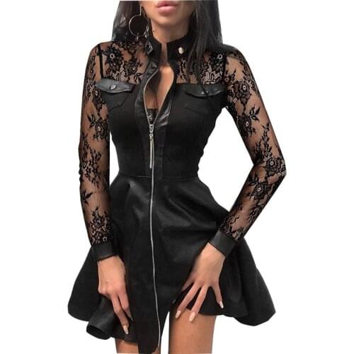 Winter Women Dress Stand Neck Lace Zipper Long Sleeves Mini Dress Casual Pocket Pu Leather Elegant Leather Dresses Plus Size 5XL