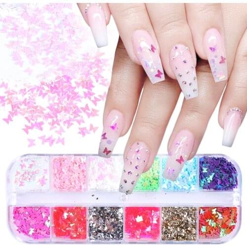 1Set 12 Colors Butterfly Holographics Nail Glitter Sequins 3D Love Sequins Decoration Design Sticker Nail Art DIY Accessories #E