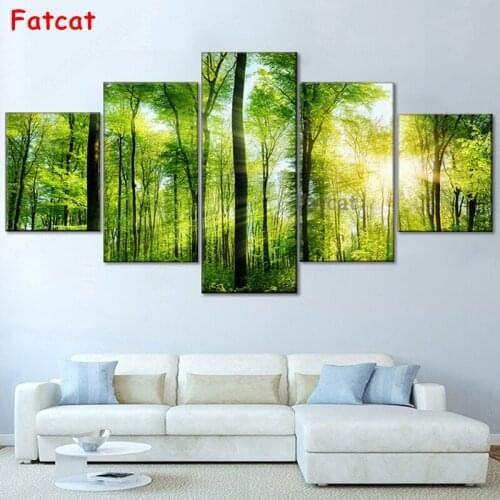 5 Panel Sunshine Green Forest Landscape 5d diy diamond painting square diamond embroidery round of drill mosaic Picture PP1689