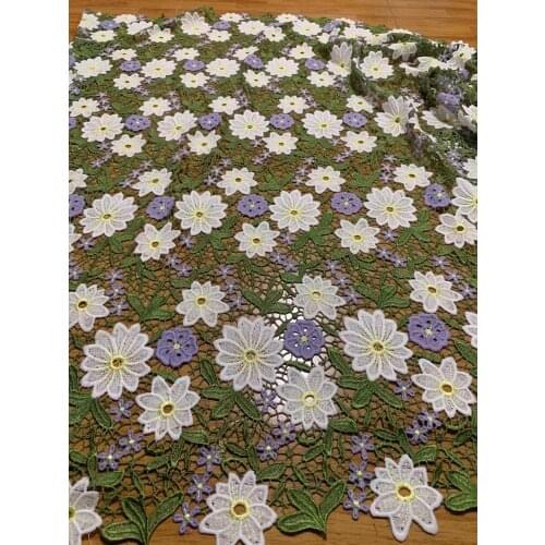 5yards/pc) Very beautiful green purple white mixed embroidered African lace fabric water soluble lace for party dress FCC157
