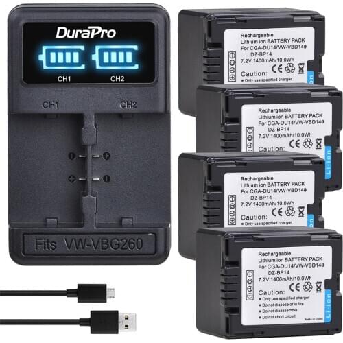 4X1400mAH DU14 CGA-DU14 VW-VBD140 Battery + Charger for Panasonic NV-GS330 GS400 GS408 GS500 GS508 MX500 PV-GS90 GS120 CGA-DU21